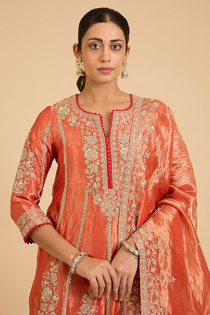 Orange Tissue Marori Work Bridal Anarkali Set by SURBHI SHAH at Pernia's Pop Up Shop