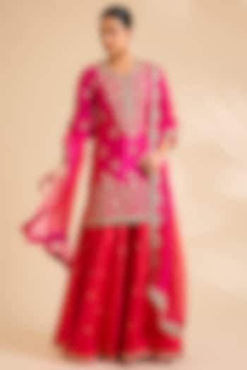 Strawberry Red Spun Silk Wedding Sharara Set by SURBHI SHAH  at Pernia's Pop Up Shop