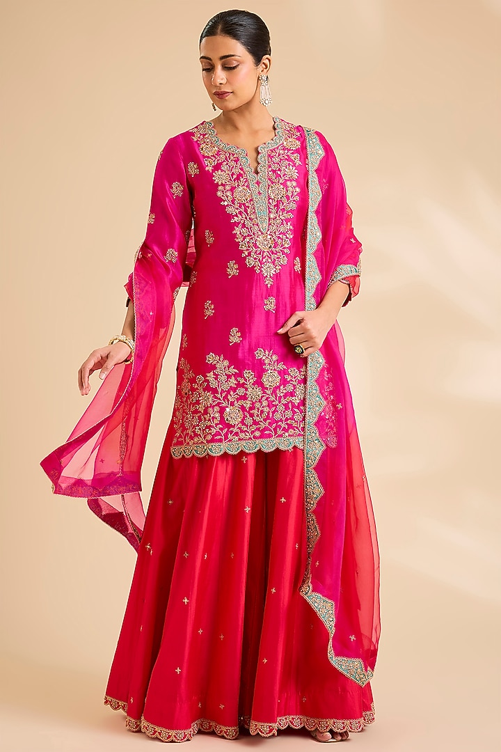 Strawberry Red Spun Silk Wedding Sharara Set by SURBHI SHAH  at Pernia's Pop Up Shop