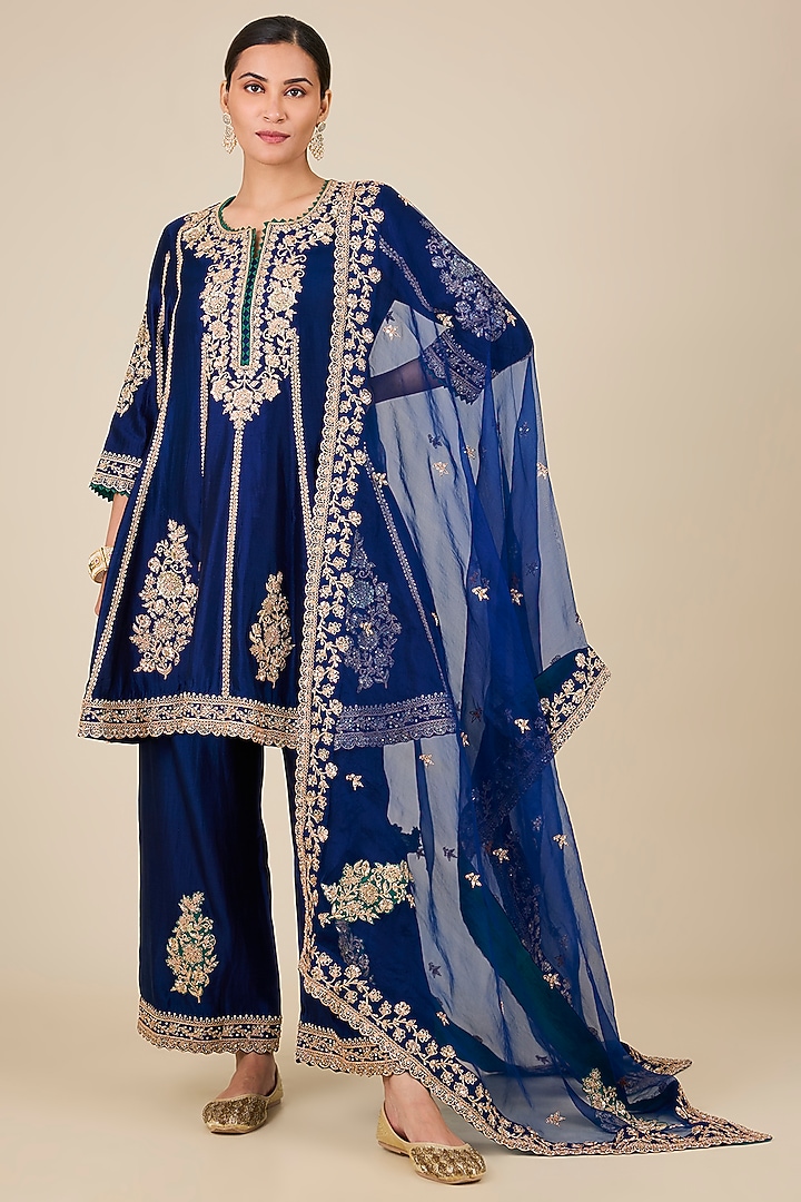 Navy Blue Spun Silk Mukaish Work Short Wedding Anarkali Set by Surbhi Shah at Pernia's Pop Up Shop