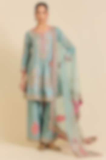 Sea Blue Spun Silk Marori Embroidered Short Wedding Anarkali Set by SURBHI SHAH at Pernia's Pop Up Shop