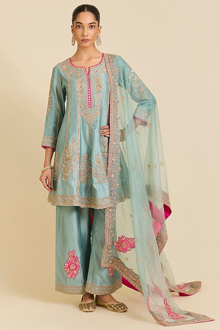 Sea Blue Spun Silk Marori Embroidered Short Wedding Anarkali Set by SURBHI SHAH at Pernia's Pop Up Shop
