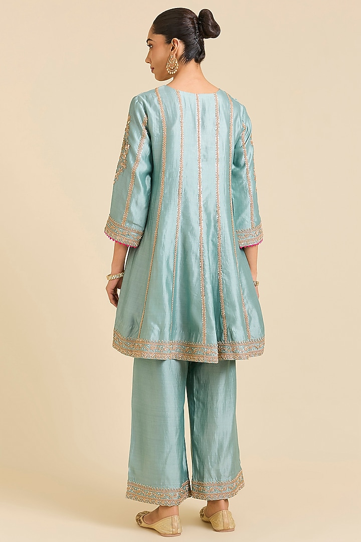 Sea Blue Spun Silk Marori Embroidered Short Wedding Anarkali Set by SURBHI SHAH at Pernia's Pop Up Shop