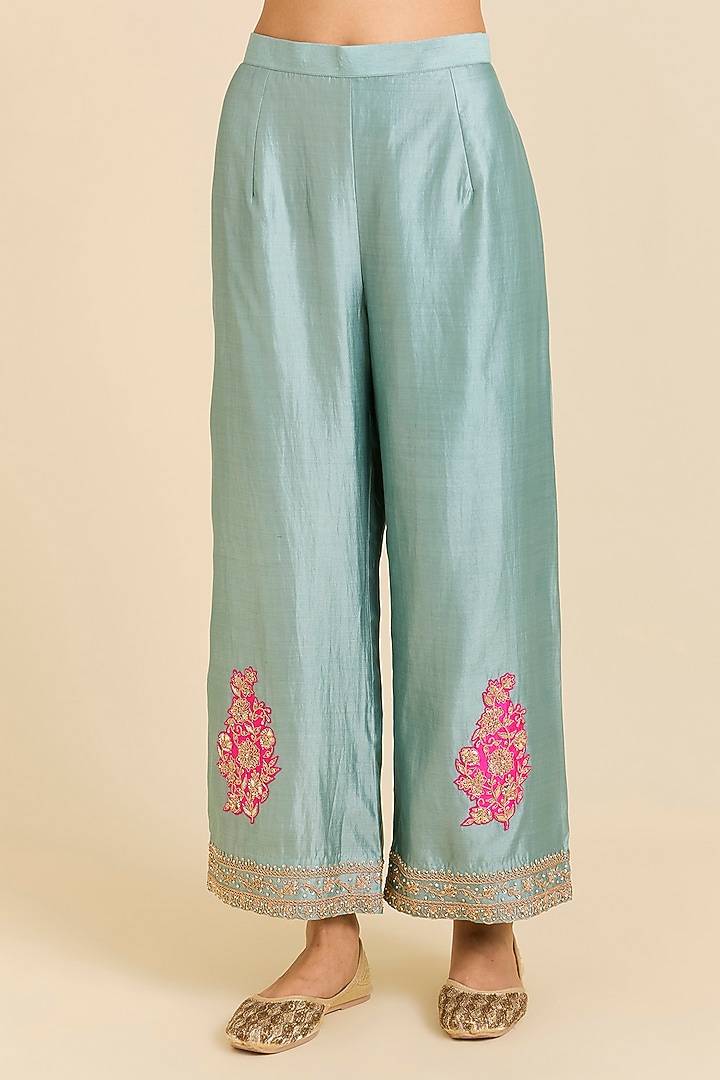 Sea Blue Spun Silk Marori Embroidered Short Wedding Anarkali Set by SURBHI SHAH at Pernia's Pop Up Shop
