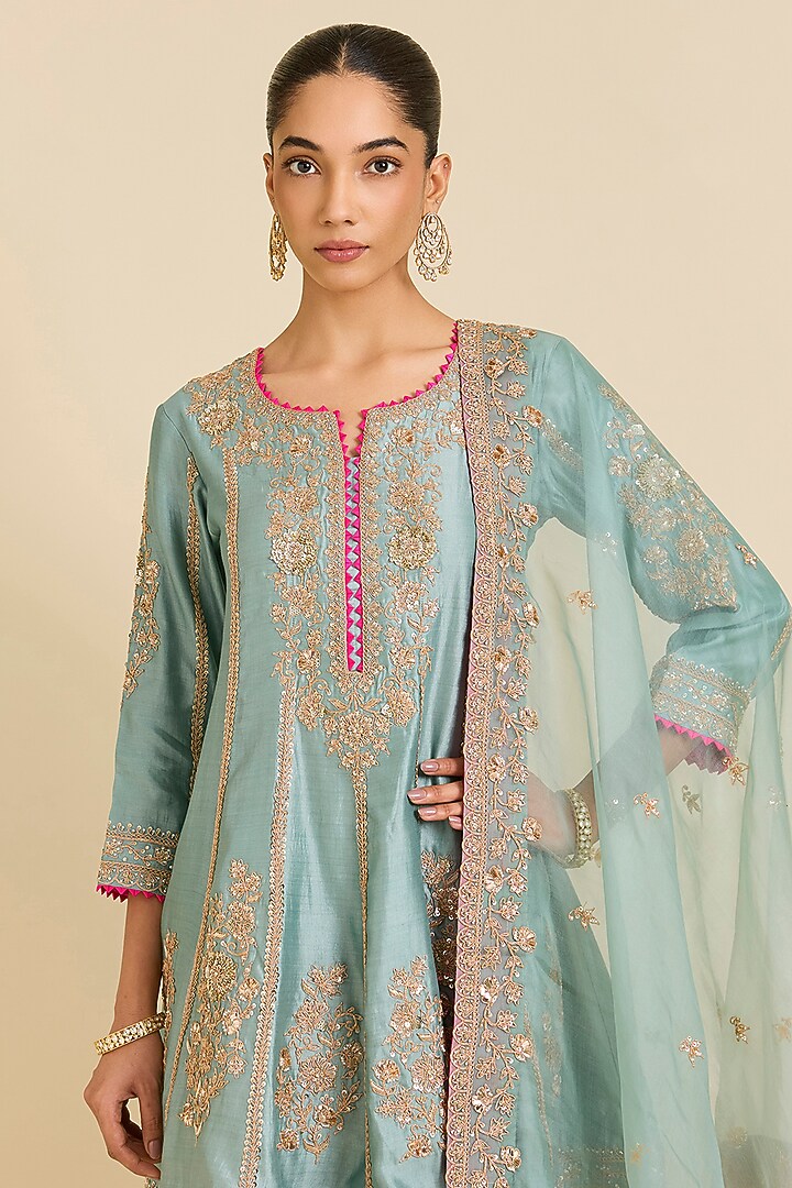 Sea Blue Spun Silk Marori Embroidered Short Wedding Anarkali Set by SURBHI SHAH at Pernia's Pop Up Shop