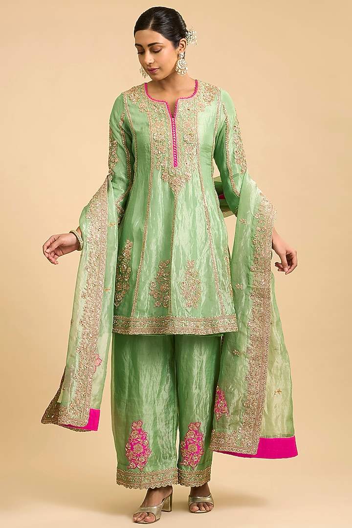 Mint Green Tissue Mukesh Embroidered Bridal Anarkali Set by Surbhi Shah at Pernia's Pop Up Shop