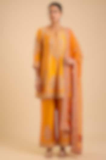 Mango Yellow Spun Silk Marori Work Short Kurta Set by SURBHI SHAH at Pernia's Pop Up Shop