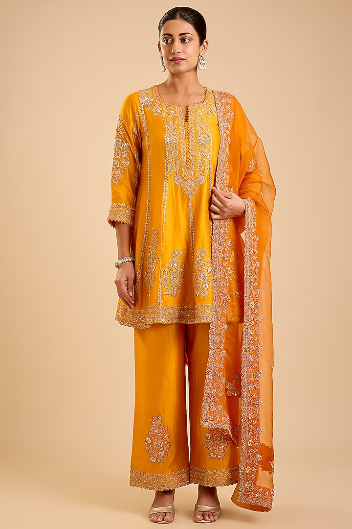 Mango Yellow Spun Silk Marori Work Short Kurta Set by SURBHI SHAH at Pernia's Pop Up Shop