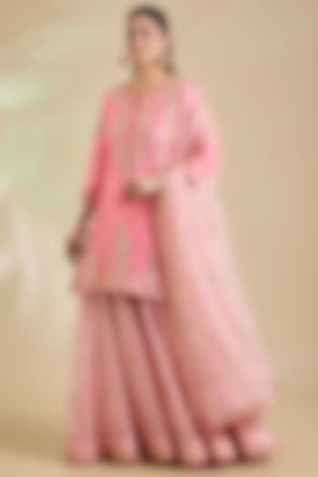 Raspberry Pink Spun Silk Marori Embroidered Wedding Sharara Set by SURBHI SHAH at Pernia's Pop Up Shop