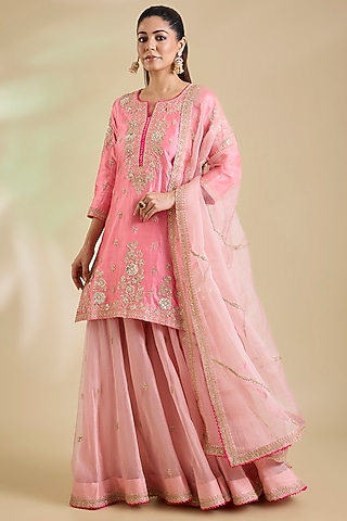Raspberry Pink Spun Silk Marori Embroidered Sharara Set by SURBHI SHAH