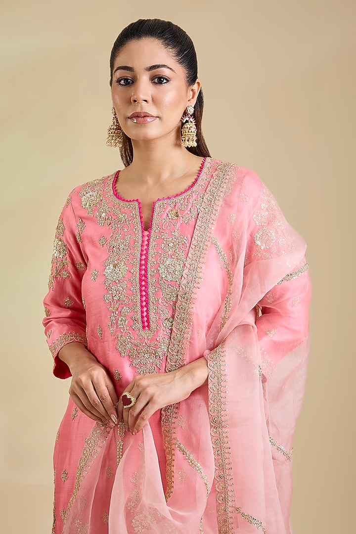Raspberry Pink Spun Silk Marori Embroidered Wedding Sharara Set by SURBHI SHAH at Pernia's Pop Up Shop