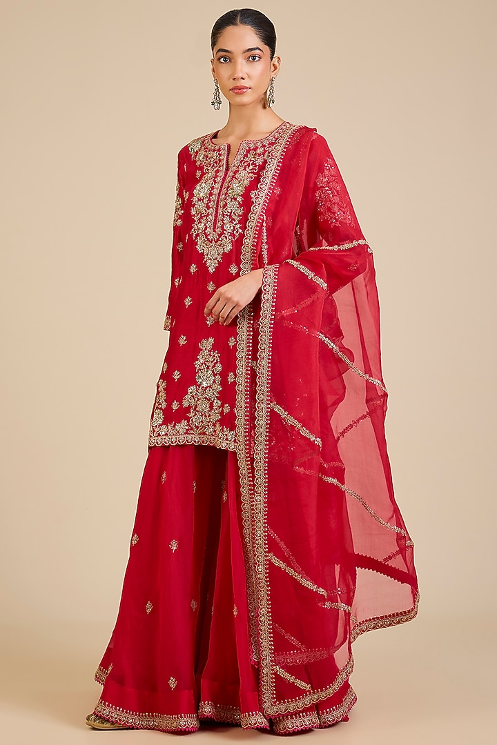 Desi Red Spun Silk Marori & Mukaish Embroidered Wedding Sharara Set by Surbhi Shah at Pernia's Pop Up Shop