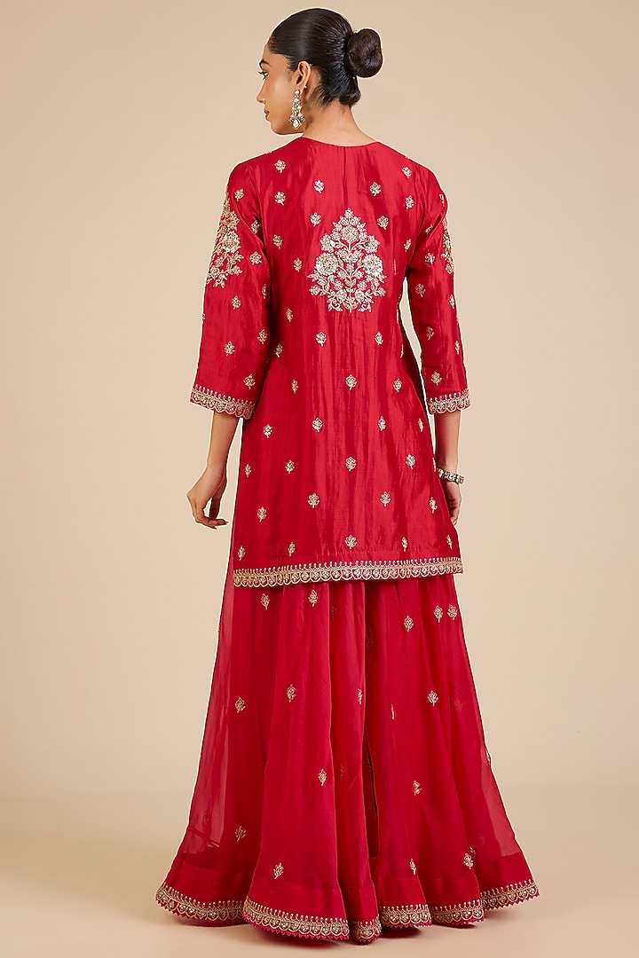 Desi Red Spun Silk Marori & Mukaish Embroidered Wedding Sharara Set by Surbhi Shah at Pernia's Pop Up Shop