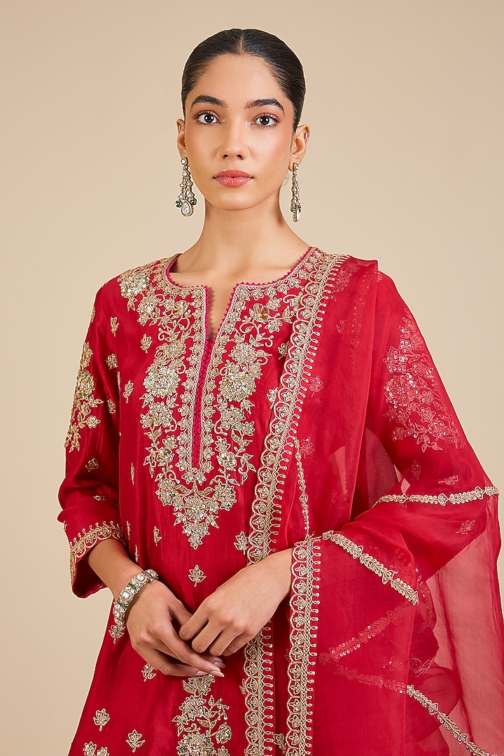 Desi Red Spun Silk Marori & Mukaish Embroidered Wedding Sharara Set by Surbhi Shah at Pernia's Pop Up Shop