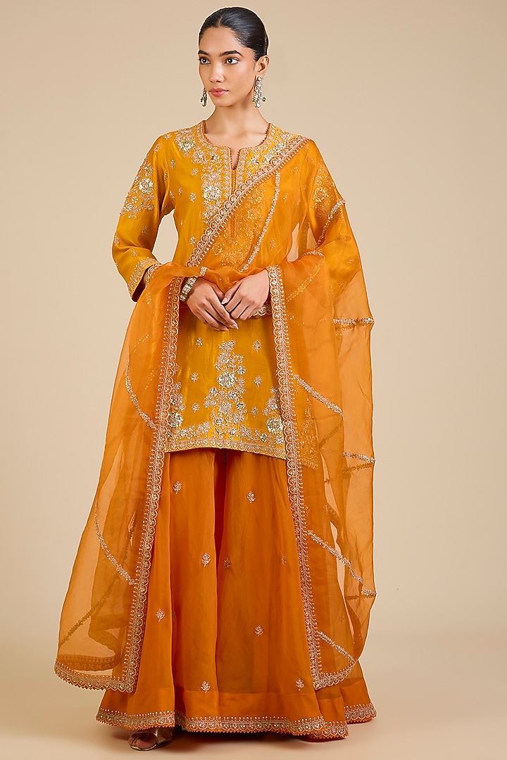 Mango Yellow & Orange Spun Silk Marori & Mukaish Embroidered Wedding Sharara Set by Surbhi Shah at Pernia's Pop Up Shop