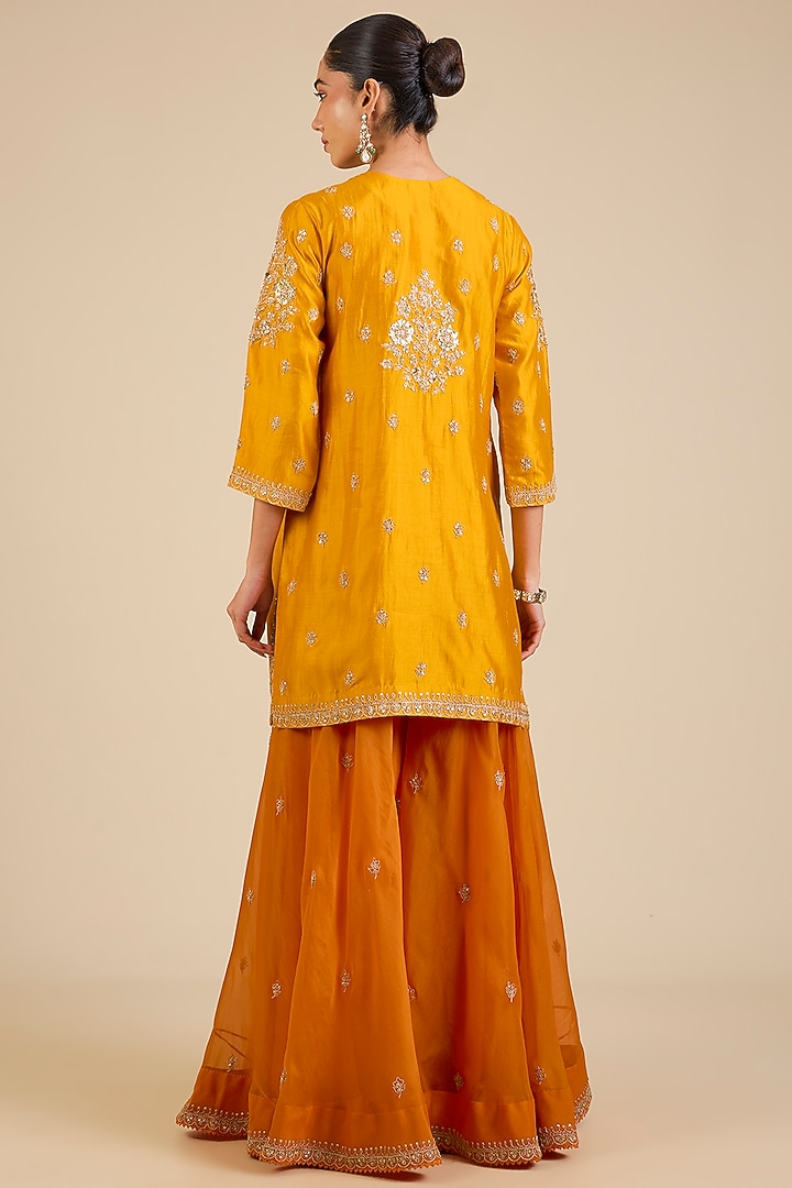 Mango Yellow & Orange Spun Silk Marori & Mukaish Embroidered Wedding Sharara Set by Surbhi Shah at Pernia's Pop Up Shop