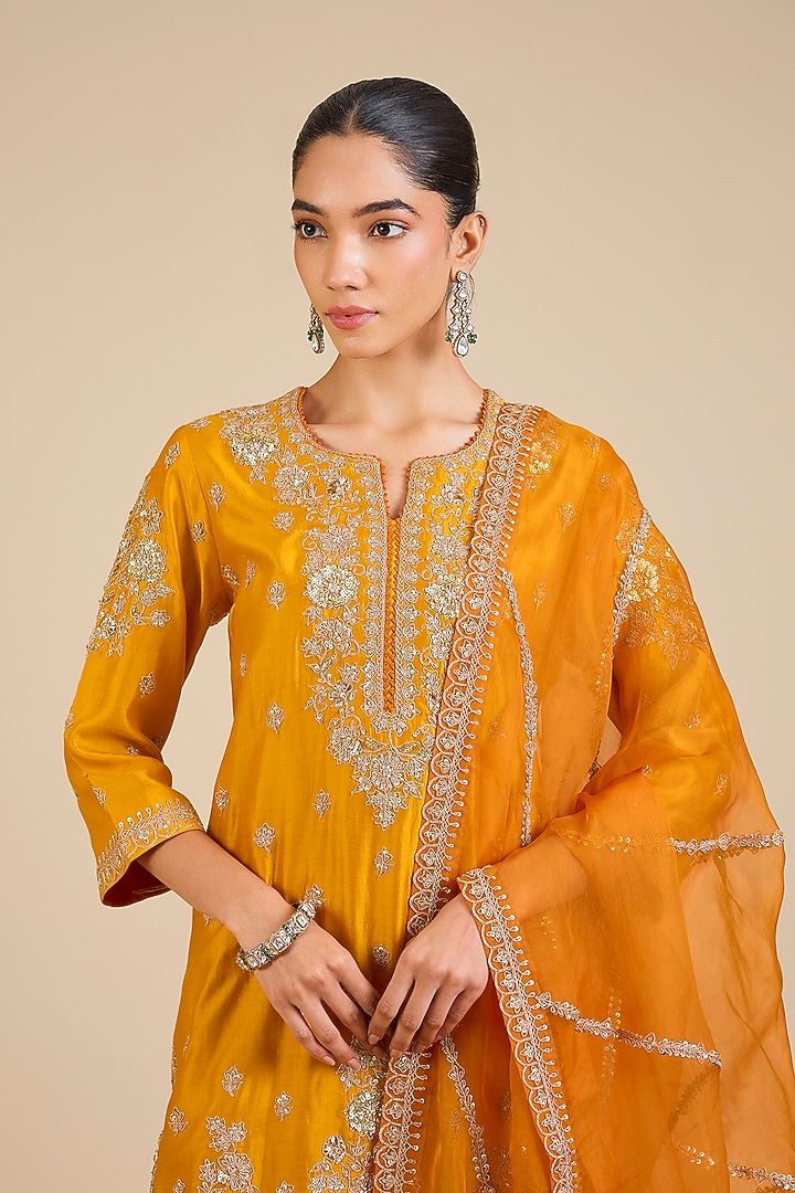 Mango Yellow & Orange Spun Silk Marori & Mukaish Embroidered Wedding Sharara Set by Surbhi Shah at Pernia's Pop Up Shop