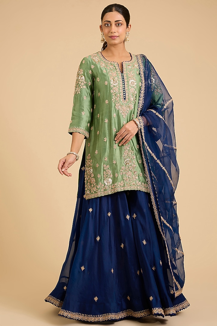 Navy Blue Spun Silk Marori Work Wedding Sharara Set by SURBHI SHAH at Pernia's Pop Up Shop