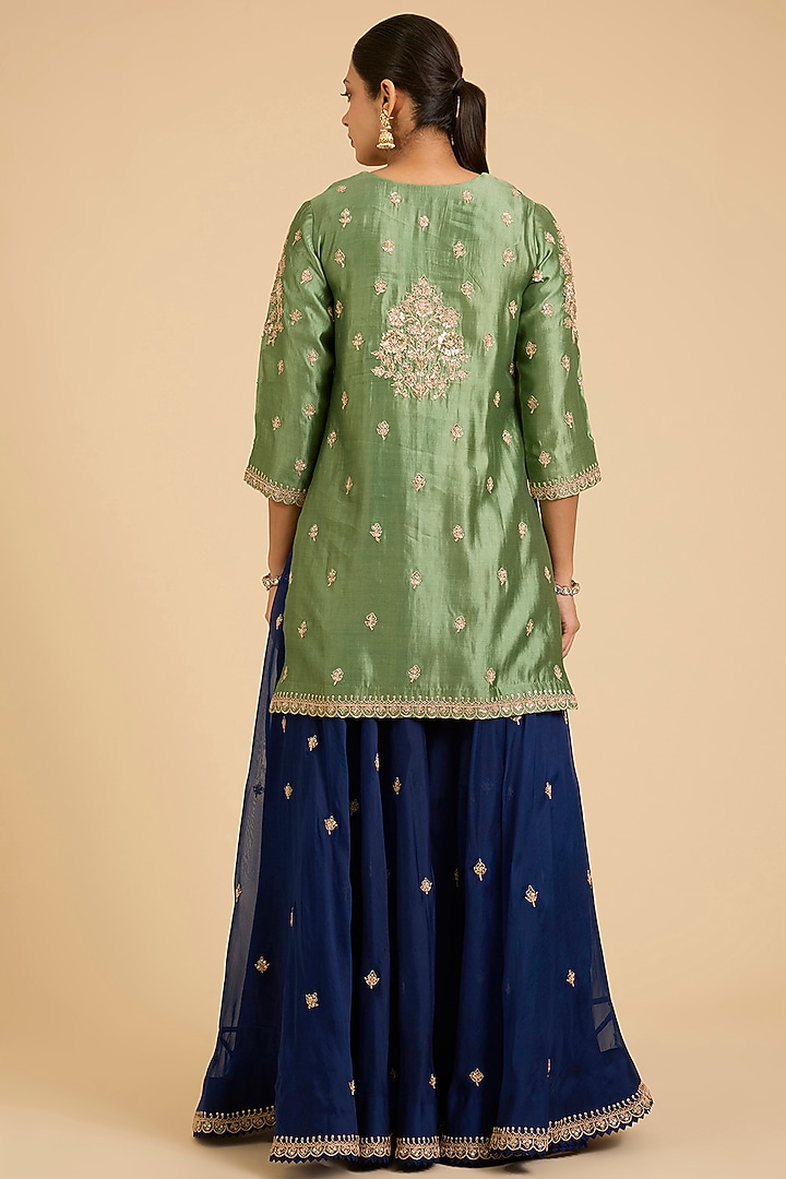Navy Blue Spun Silk Marori Work Wedding Sharara Set by SURBHI SHAH at Pernia's Pop Up Shop