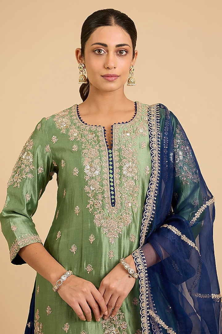 Navy Blue Spun Silk Marori Work Wedding Sharara Set by SURBHI SHAH at Pernia's Pop Up Shop