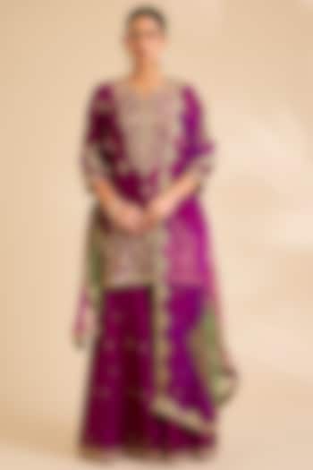 Berry Magenta Spun Silk Marori Work Wedding Sharara Set by SURBHI SHAH at Pernia's Pop Up Shop