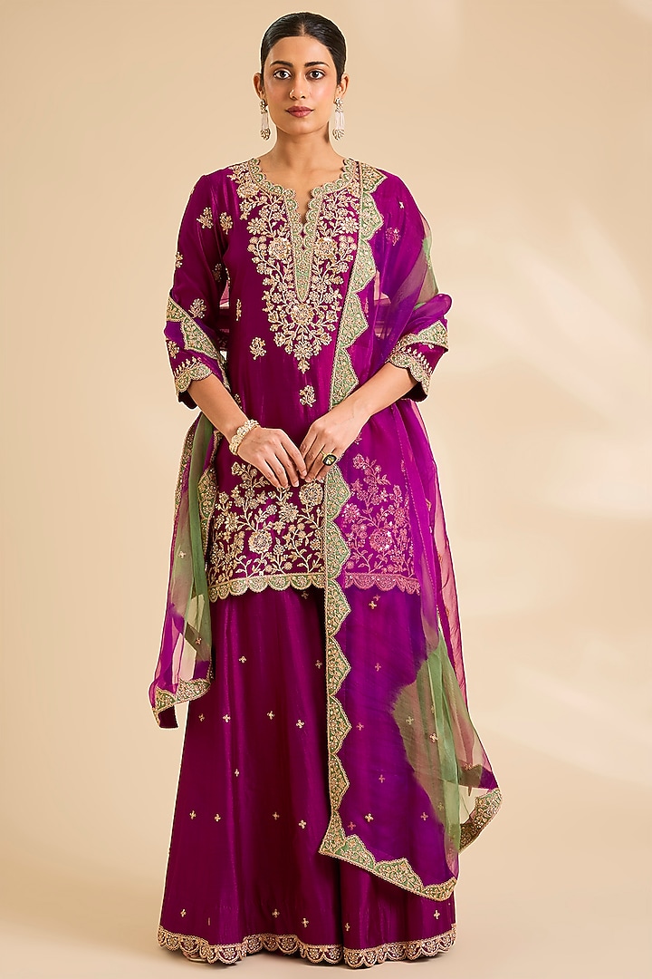 Berry Magenta Spun Silk Marori Work Wedding Sharara Set by SURBHI SHAH at Pernia's Pop Up Shop