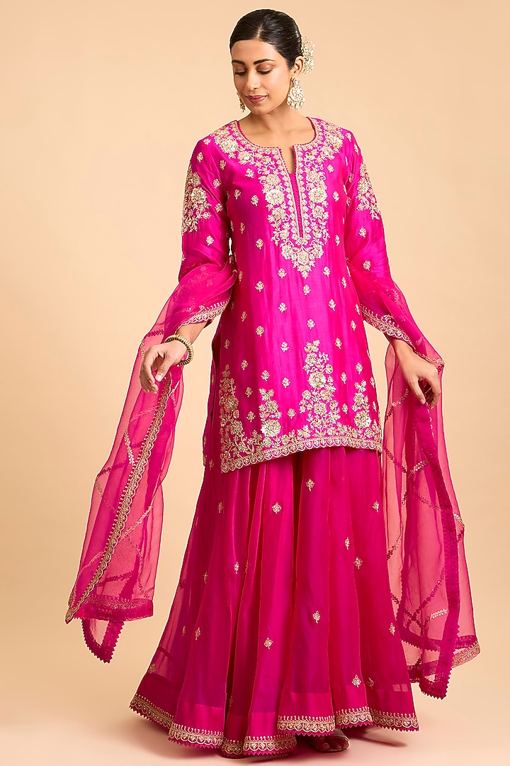 Rani Pink Organza Wedding Sharara Set by Surbhi Shah at Pernia's Pop Up Shop