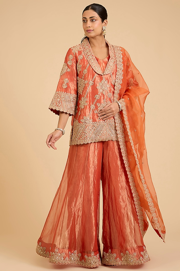 Orange Tissue Mukaish Work Jacket Set by SURBHI SHAH at Pernia's Pop Up Shop