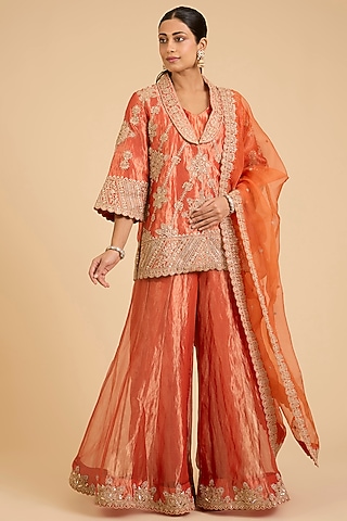 Orange Tissue Mukaish Work Jacket Set by SURBHI SHAH