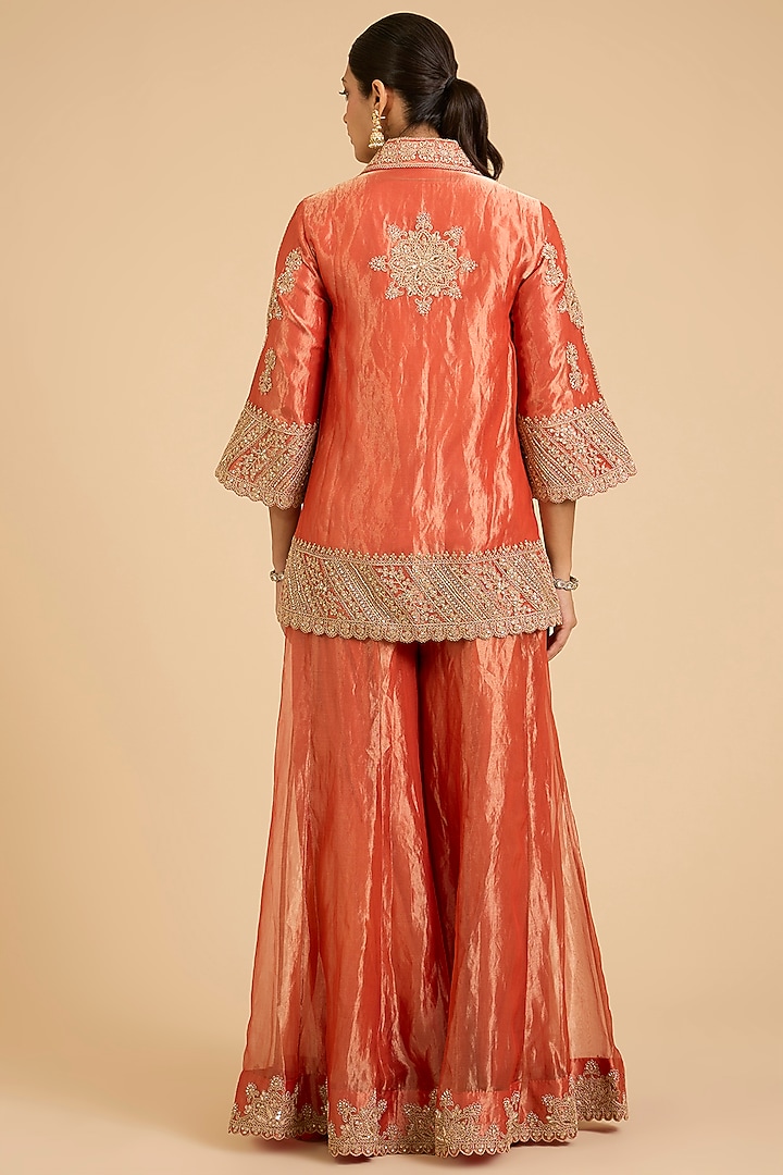 Orange Tissue Mukaish Work Jacket Set by SURBHI SHAH at Pernia's Pop Up Shop