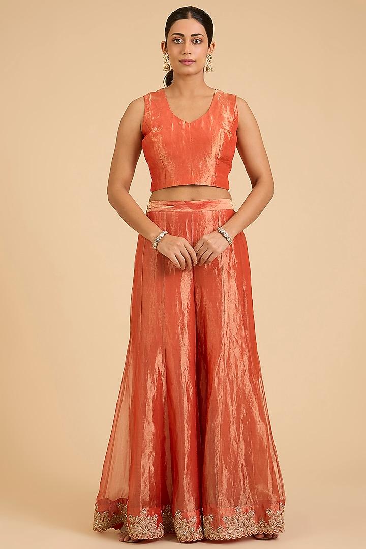 Orange Tissue Mukaish Work Jacket Set by SURBHI SHAH at Pernia's Pop Up Shop