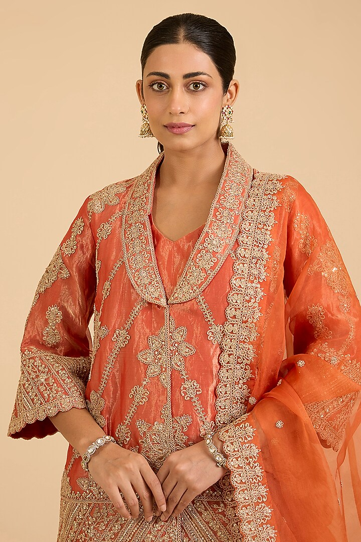 Orange Tissue Mukaish Work Jacket Set by SURBHI SHAH at Pernia's Pop Up Shop