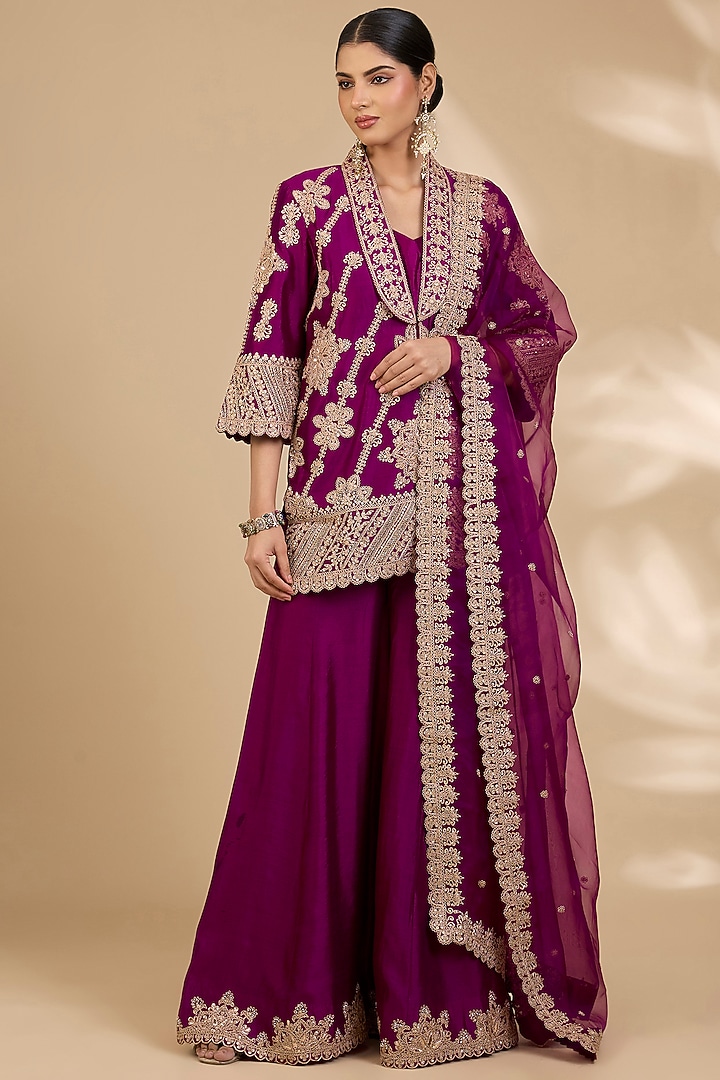 Berry Magenta Spun Silk Marori Work Bridal Sharara Set by SURBHI SHAH at Pernia's Pop Up Shop