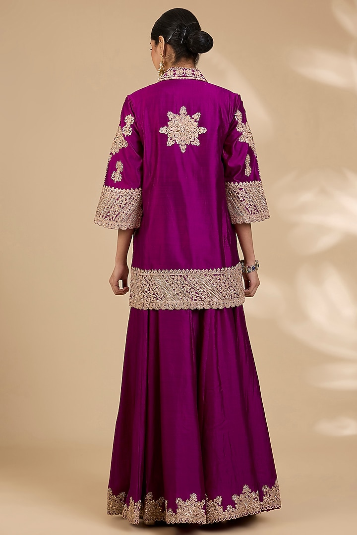 Berry Magenta Spun Silk Marori Work Bridal Sharara Set by SURBHI SHAH at Pernia's Pop Up Shop