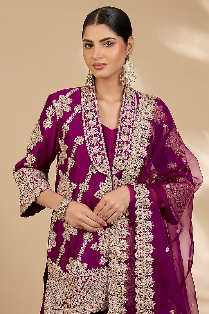 Berry Magenta Spun Silk Marori Work Bridal Sharara Set by SURBHI SHAH at Pernia's Pop Up Shop