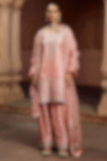 Baby Peach Spun Silk Zardosi Work Wedding Sharara Set by SURBHI SHAH at Pernia's Pop Up Shop
