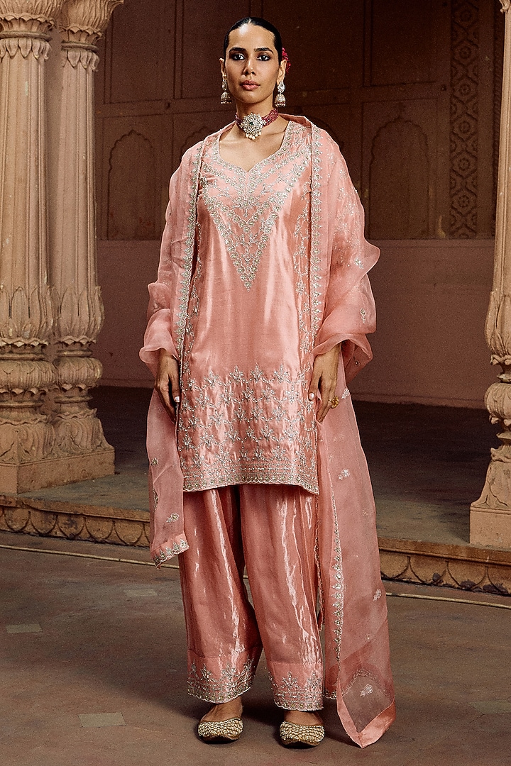 Baby Peach Spun Silk Zardosi Work Wedding Sharara Set by SURBHI SHAH at Pernia's Pop Up Shop