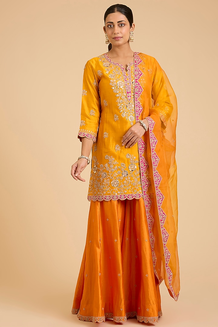 Orange Spun Silk Wedding Sharara Set by SURBHI SHAH at Pernia's Pop Up Shop