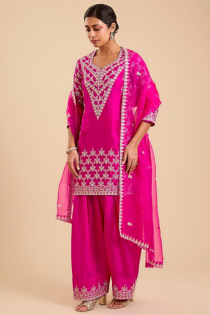 Rani Pink Spun Silk Aari & Zardosi Embroidered Kurta Set by SURBHI SHAH at Pernia's Pop Up Shop