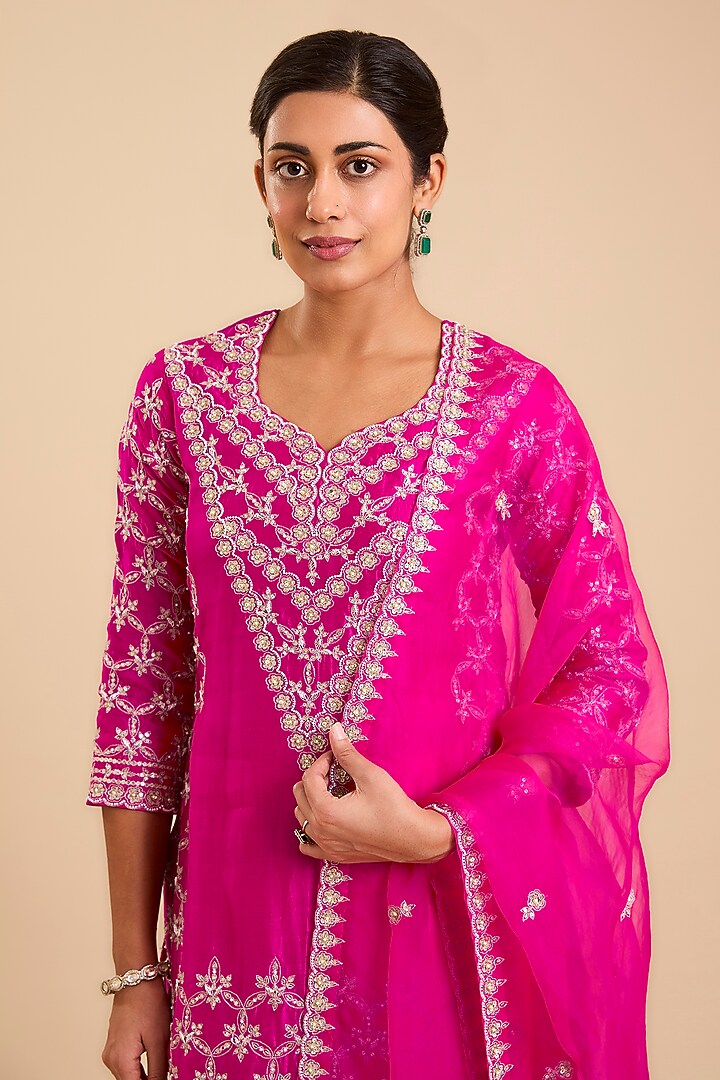 Rani Pink Spun Silk Aari & Zardosi Embroidered Kurta Set by SURBHI SHAH at Pernia's Pop Up Shop