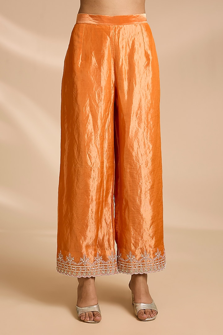 Orange Spun Silk Aari Embroidered Kurta Set by Surbhi Shah at Pernia's Pop Up Shop