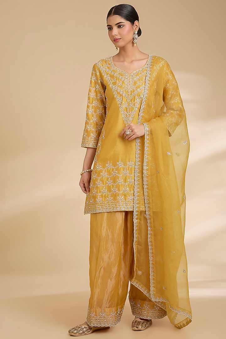 Pastel Mango Spun Silk Zardosi Work Kurta Set by Surbhi Shah at Pernia's Pop Up Shop