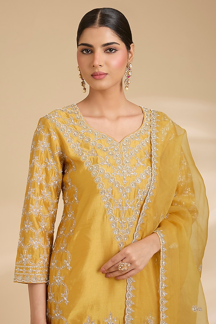 Pastel Mango Spun Silk Zardosi Work Kurta Set by Surbhi Shah at Pernia's Pop Up Shop