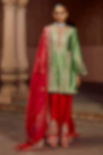 Strawberry Red Spun Silk Wedding Sharara Set by SURBHI SHAH at Pernia's Pop Up Shop