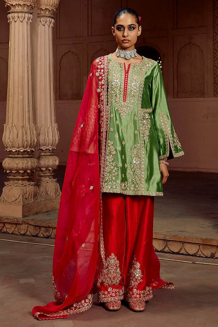 Strawberry Red Spun Silk Wedding Sharara Set by SURBHI SHAH at Pernia's Pop Up Shop