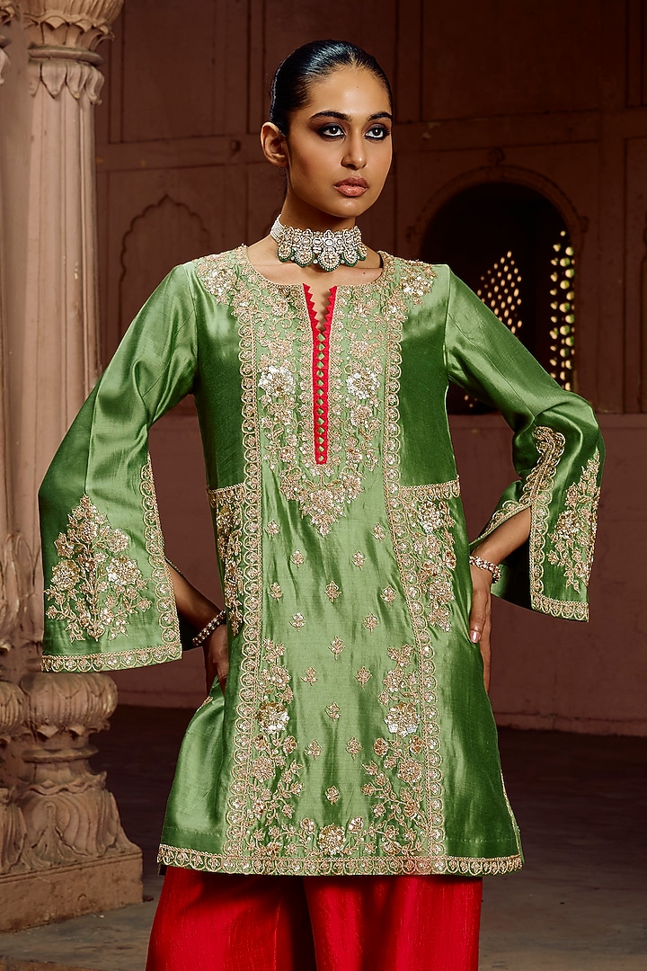Strawberry Red Spun Silk Wedding Sharara Set by SURBHI SHAH at Pernia's Pop Up Shop