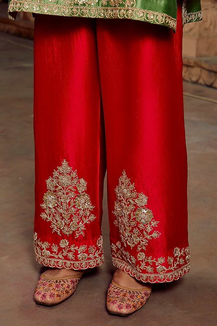 Strawberry Red Spun Silk Wedding Sharara Set by SURBHI SHAH at Pernia's Pop Up Shop
