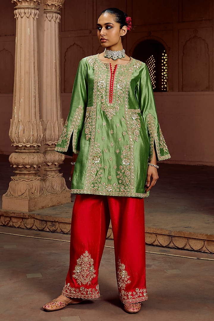 Strawberry Red Spun Silk Wedding Sharara Set by SURBHI SHAH at Pernia's Pop Up Shop