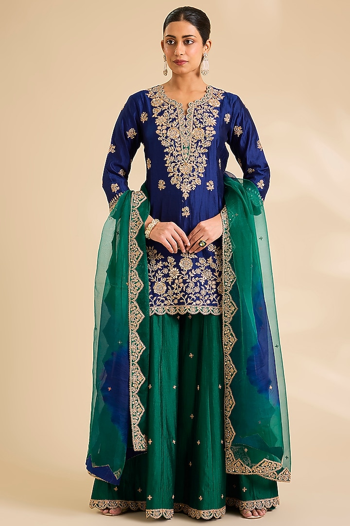 Emerald Green Spun Silk Marori Work Wedding Sharara Set by SURBHI SHAH at Pernia's Pop Up Shop