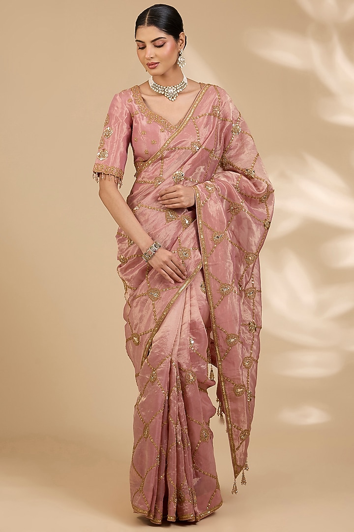 Rose Gold Tissue Marori Work Reception Saree Set by SURBHI SHAH at Pernia's Pop Up Shop